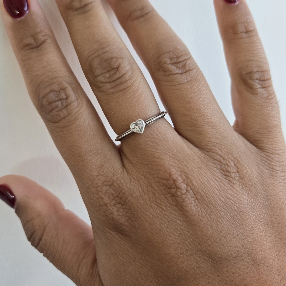 Pandora Beaded Crystal Silver Heart Ring - Size 8